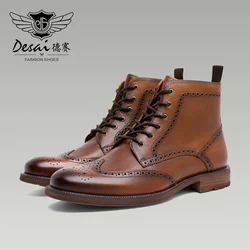 Desai Men's New Brogue Genuine Leather Boots Fleece-lined Shoes Fashion Boots,Warm,Large Size 37-47, Casual, Lace-up, Zipper