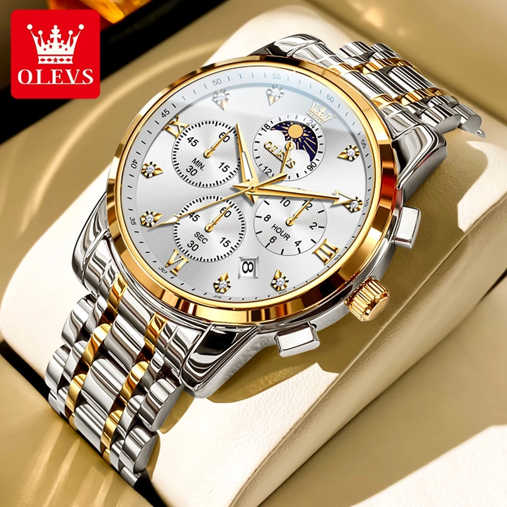 OLEVS 3655 Quartz Watch for Men Multifunctional Chronograph Waterproof Moon Phase Stainless steel Strap Original Men Wristwatch