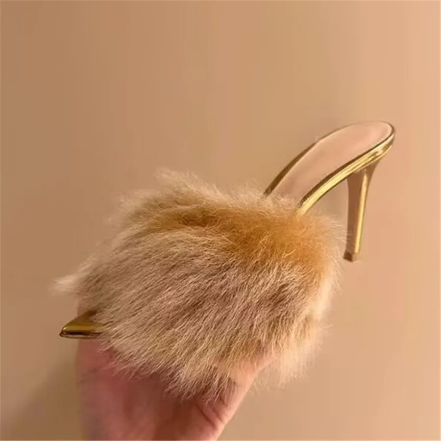 

Модные женские меховые тапочки с острым носком, сексуальные модельные туфли-лодочки на высоком каблуке 6 см, женские роскошные меховые женские сандалии 2025 года, подиумные туфли-лодочки