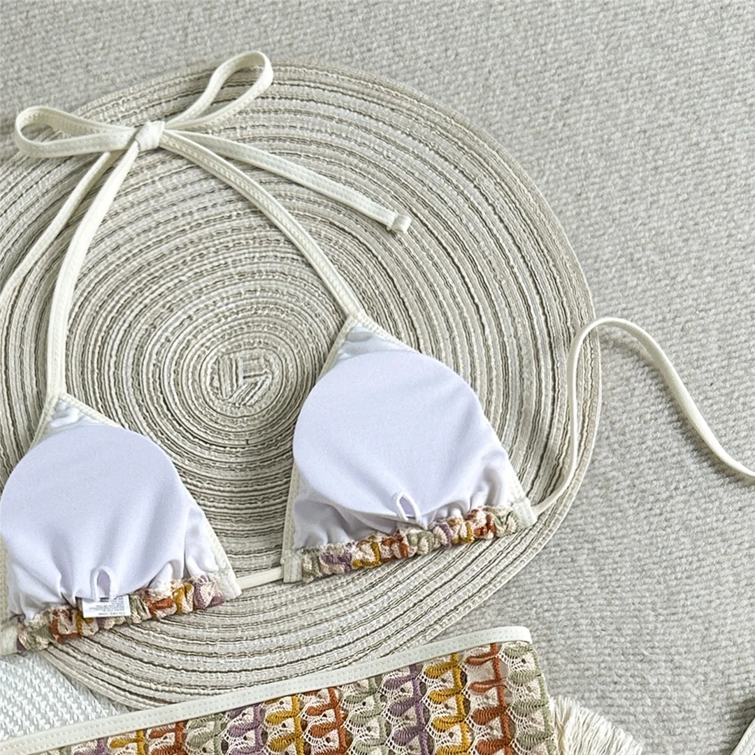Mit Sarong-Halter, farbenfrohem Bikini, Damen-Badebekleidung, dreiteiligem Bikini-Set, gepolstertem Badeanzug, Badeanzug, Schwimmbekleidung V7597 – Detail 16