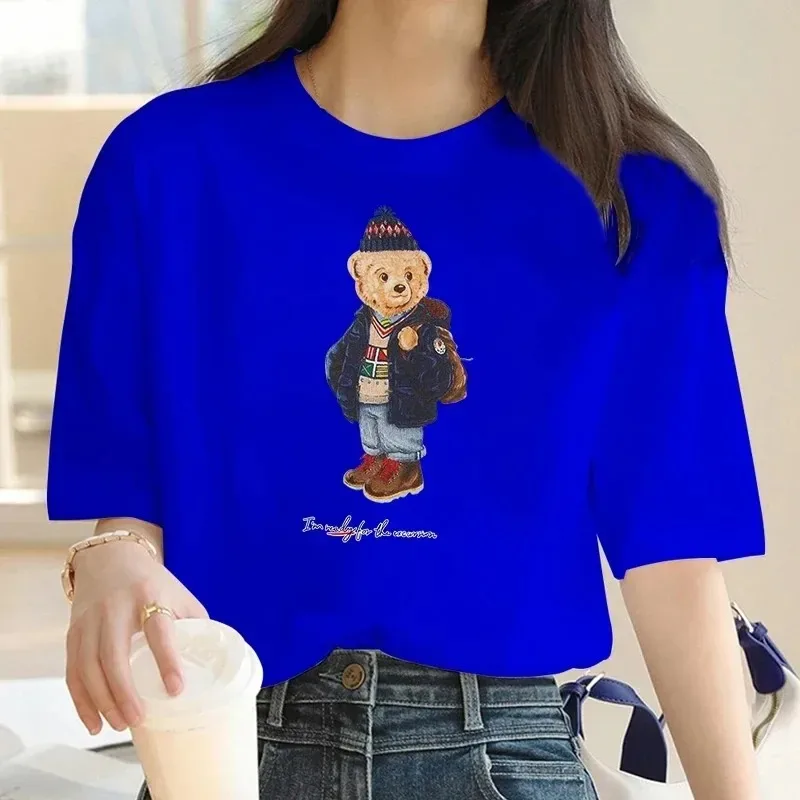 2024 Luxury Brand Summer Print T-shirt Plus Size Bear for Women\'s High-Quality Cotton Casual Oversized Personality Sleeve O-neck