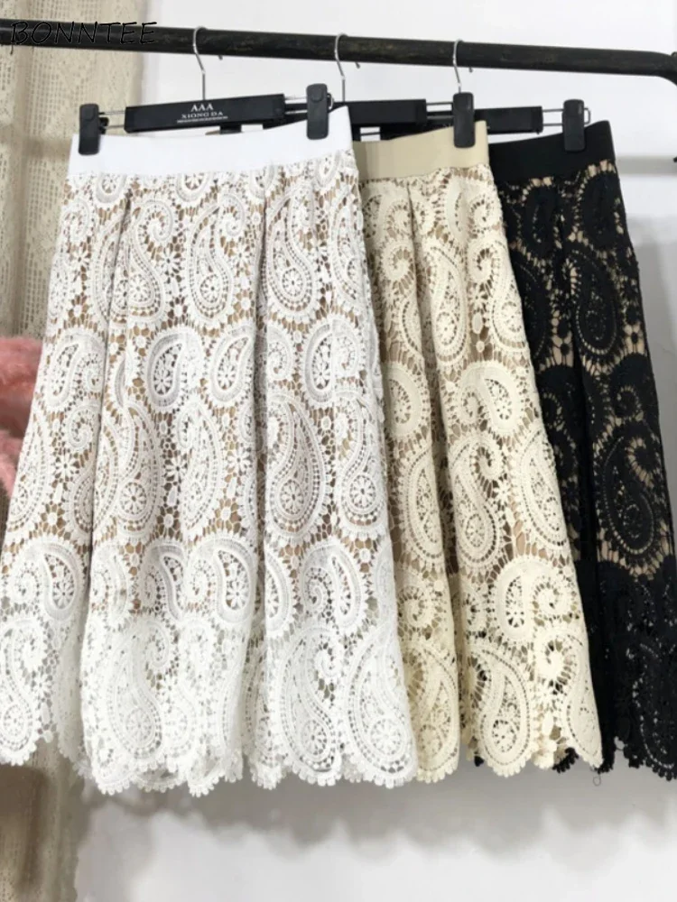 3 Colors Midi Skirts for Women Baggy Gentle Lace Design Vintage Aesthetic A-line Faldas Streetwear Elastic Waist Fashion Ulzzang