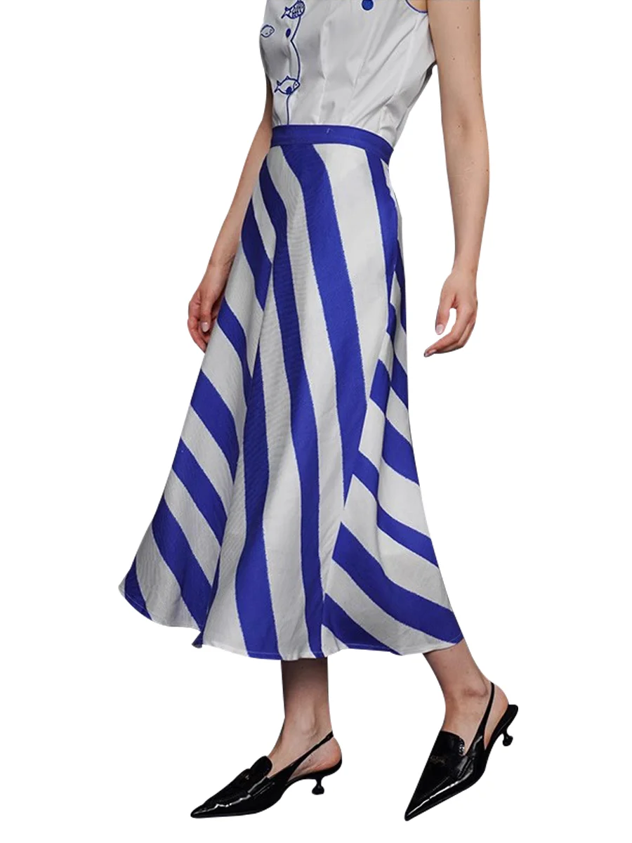 

Women's Cool Blue And White Striped Texture Draped Skirt for Summer Fashionable Lightweight Skirt for Warm Weather
