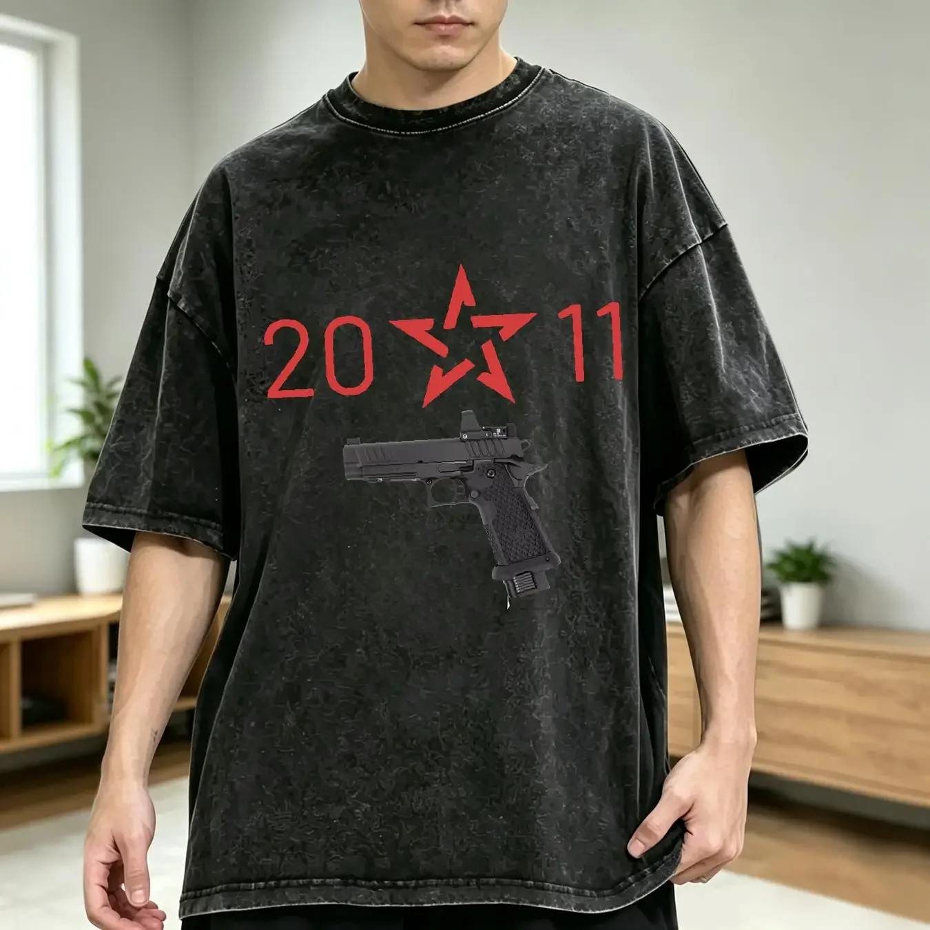 washed T Shirt Staccato 2011 Firearms Men's Classic vintage Washed Casual graphic Slightly Top For Everyday Wear homme Soft