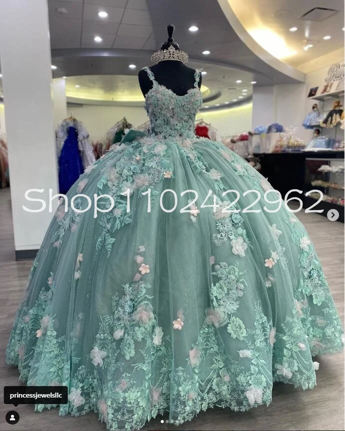 Vestidos de quinceañera con flores en 3D para mujer, vestidos de princesa Verde menta, apliques con volantes, corsé de tren de la capilla para fiesta de 15 años