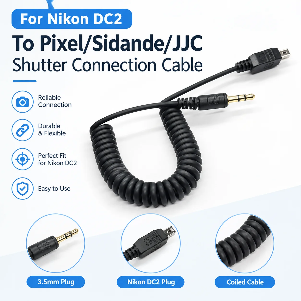 For Nikon DC2 3.5mm Shutter Cable Shutter Connection Cable for Pixel/Sidande/JJC Flash Trigger Connection Cable