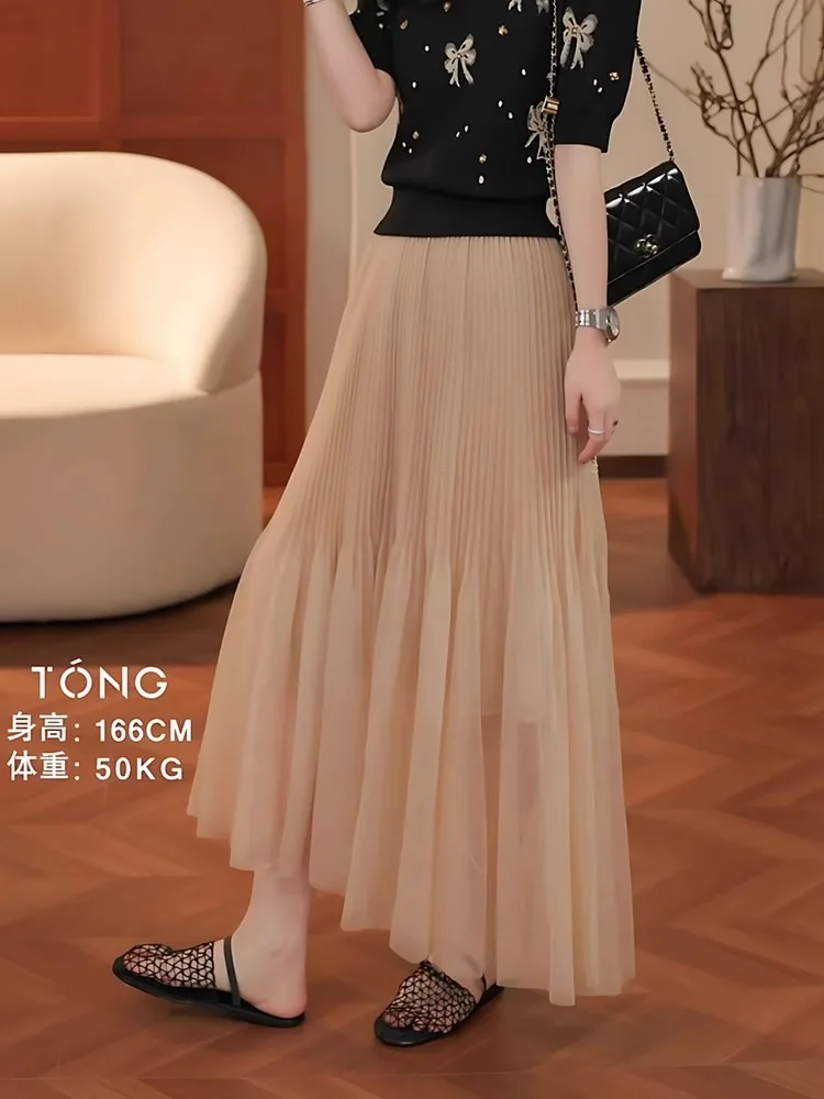 

New Summer Chiffon Skirt Women Korean Fashion Solid Color A-line Casual High Waist Elegant Long Skirts Clothing