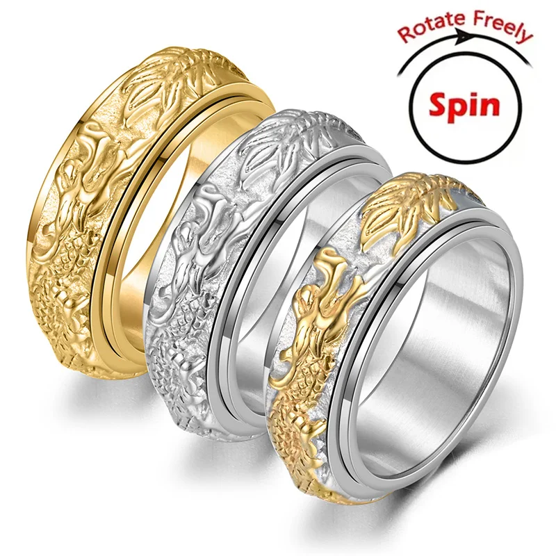 Unique 8MM Titanium Stainless Steel 3 Color Rotating Dragon Band Punk Style Personality Men's Ring Jewelry Charm Party Gift