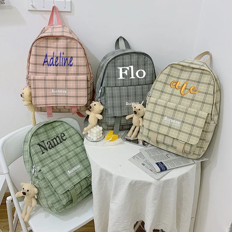 Mochila quadriculada personalizada para meninas e estudantes, saco de grande capacidade com tampa, começando o presente da escola, nome