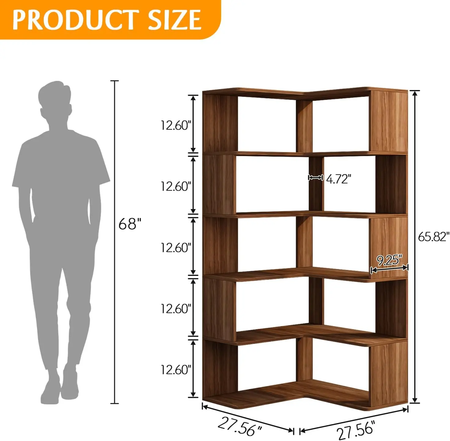 Six Tier L Shaped Corner Bookshelf, Sixty Six Inch Tall Wooden Freestanding Bookcase Storage Display Organizer Rack Stand Open Shelf Units For Living Room Home Office Bedroom, Walnut Set