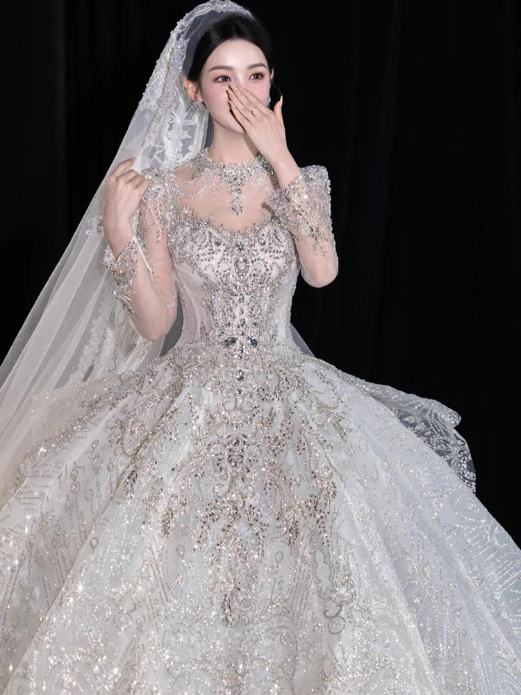 Ruiente-Robe de Mariée à Col Haut, Tenue de Bal de Luxe, Grande Taille, 2024