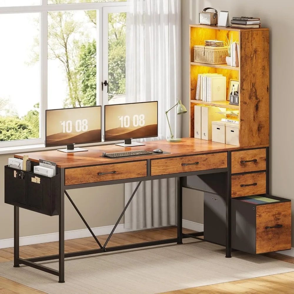 

Computer Desk with 5 Drawers and Bookshelf, Reversible Home Office Desk with Storage Shelves and File Drawer, Gaming Corner Des