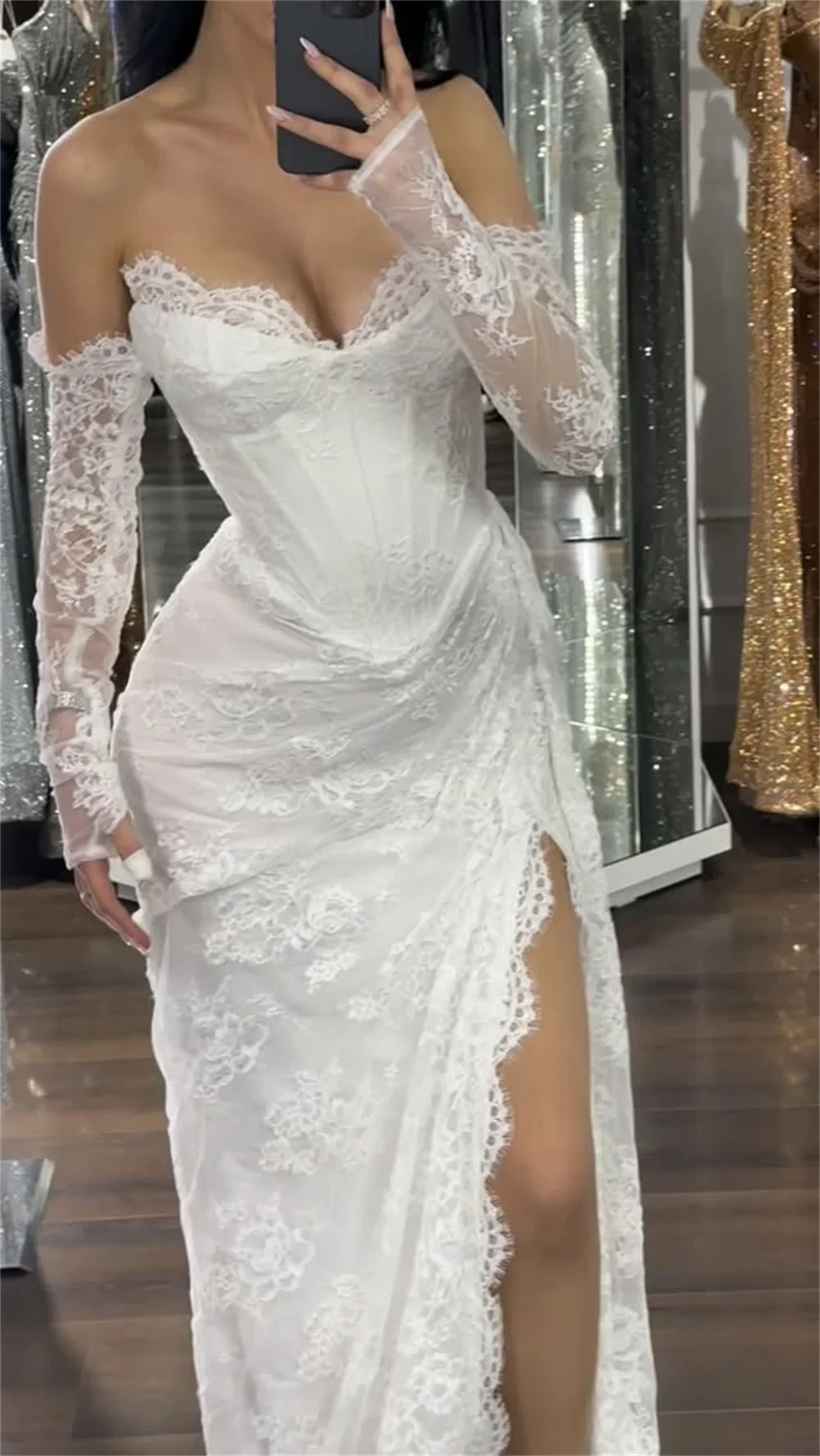 Customized Ivory Exquisite Lace Mermaid Evening Dress Off The Shoulder Long Sleeves vestidos de noiva Side High Split Formal