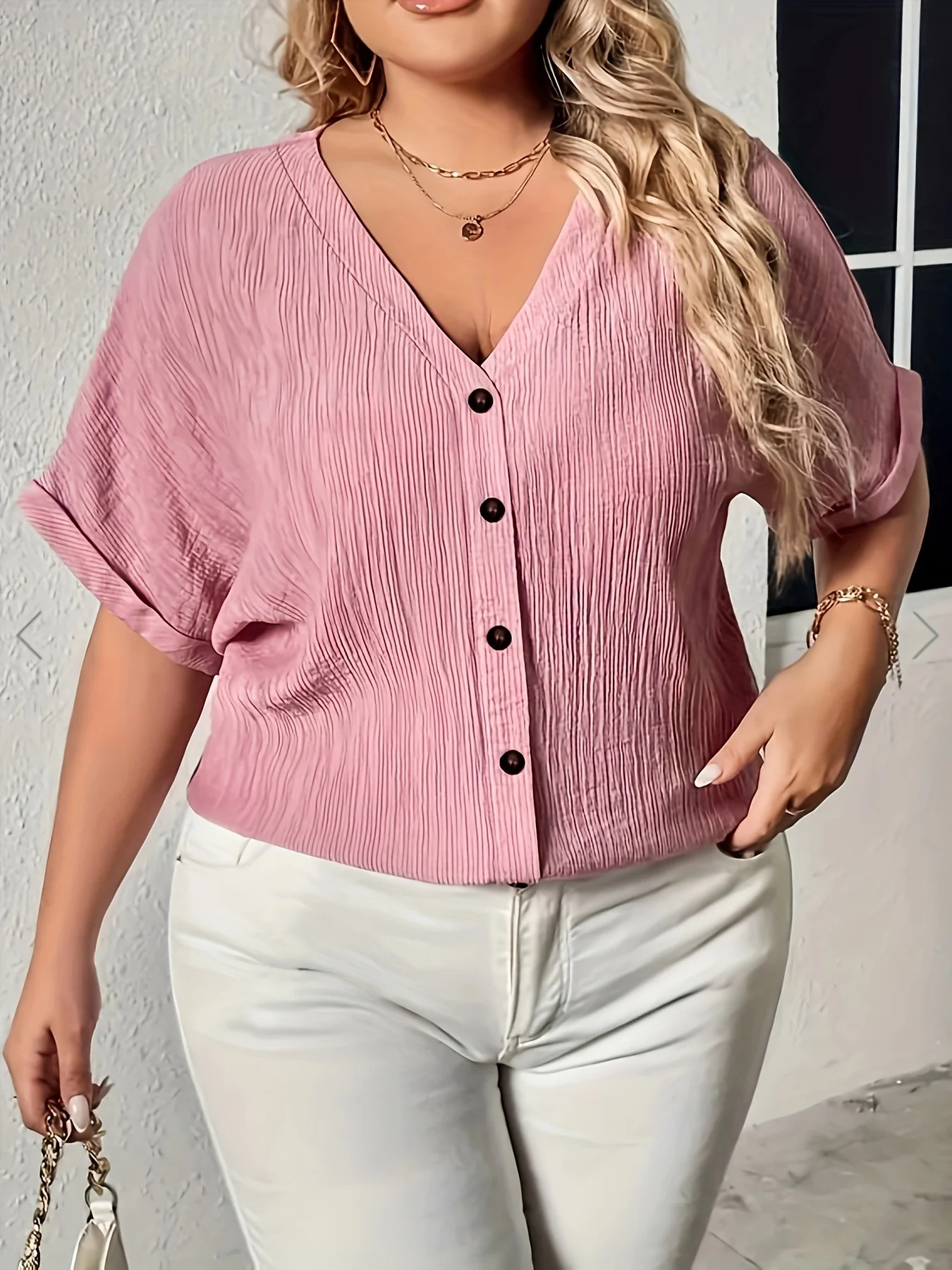 

Women's Plus Size Pink Ruched Fabric V Neck Rolled Short Sleeve Button Front Loose Fit Casual Daily Fashion T-shirt Top