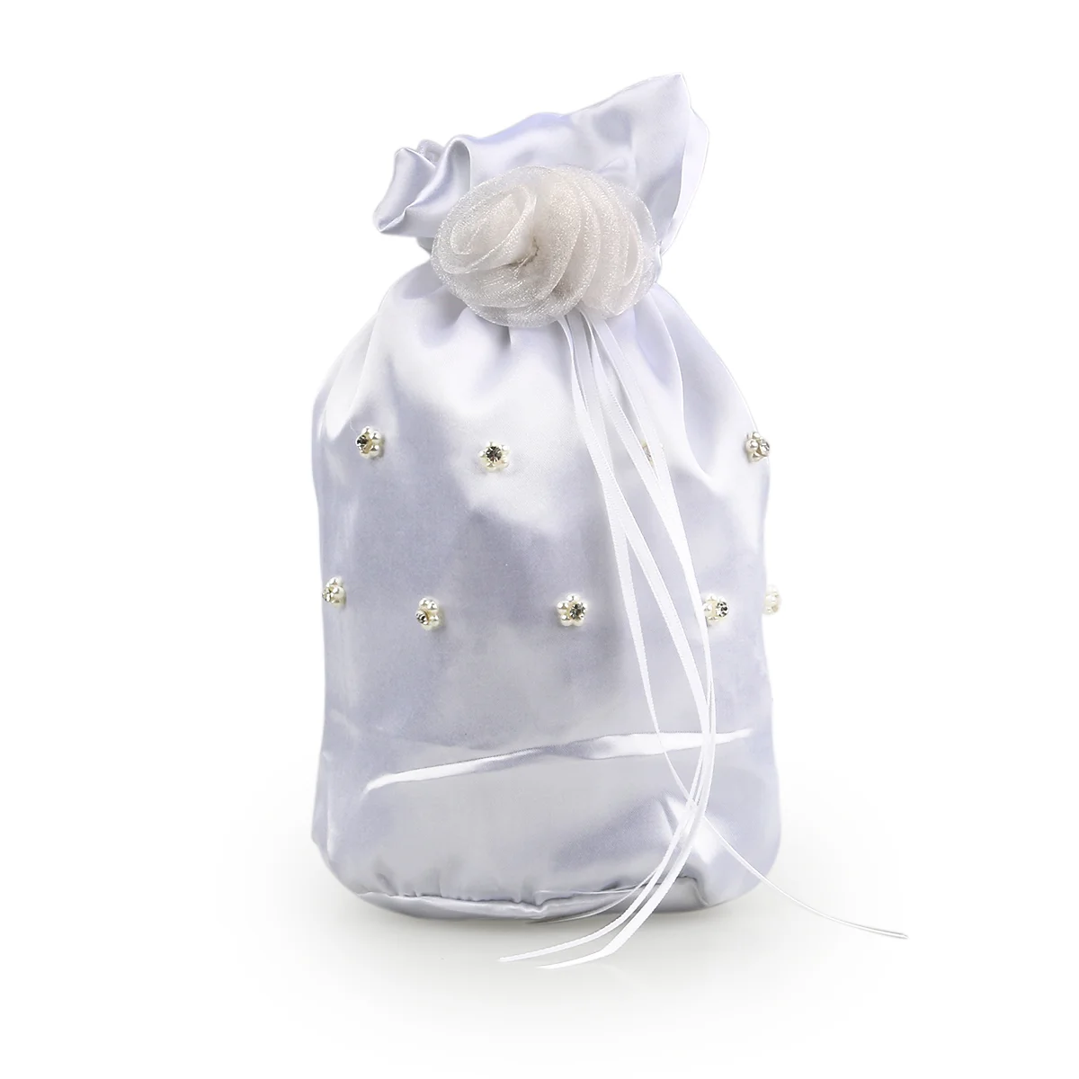 White Bridal Bridesmaid Satin Flower Decorated Dolly Bag Handbag (Flower Pearl) Bridal handbag Bridal dolly bag