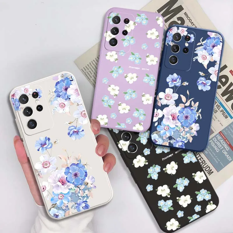 Blaues rosa Blumenmuster für Samsung Galaxy S22 S21 S20 S10 S10E Plus Ultra Lite FE 5G Soft Phone Case Cover