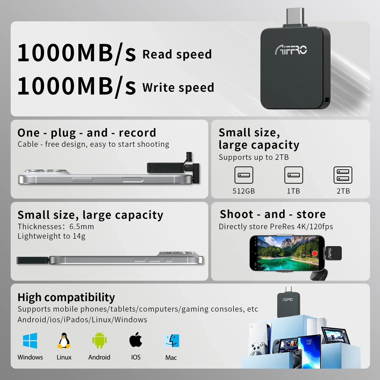 

Портативный SSD Aiffro P20 Mini 10 Гбит/с, ультратонкий, 14 г, внешний накопитель, 1000 МБ/с, для iPhone, ноутбуков, планшетов, 512 ГБ, 1 ТБ, 2 ТБ