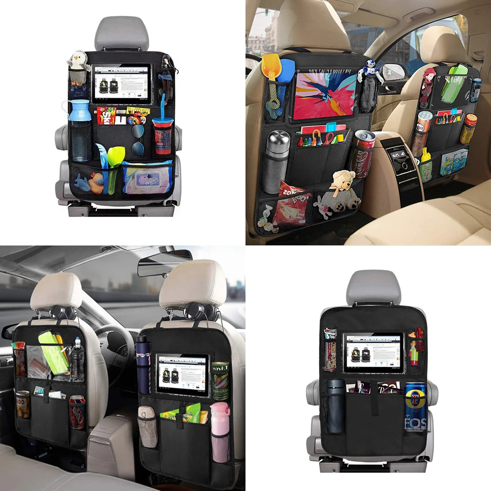 Car Backseat Organizers with Touch Screen Tablet Holder Auto Back Seat Protector 9 Storage Pockets Kick Mats Travel Accessories