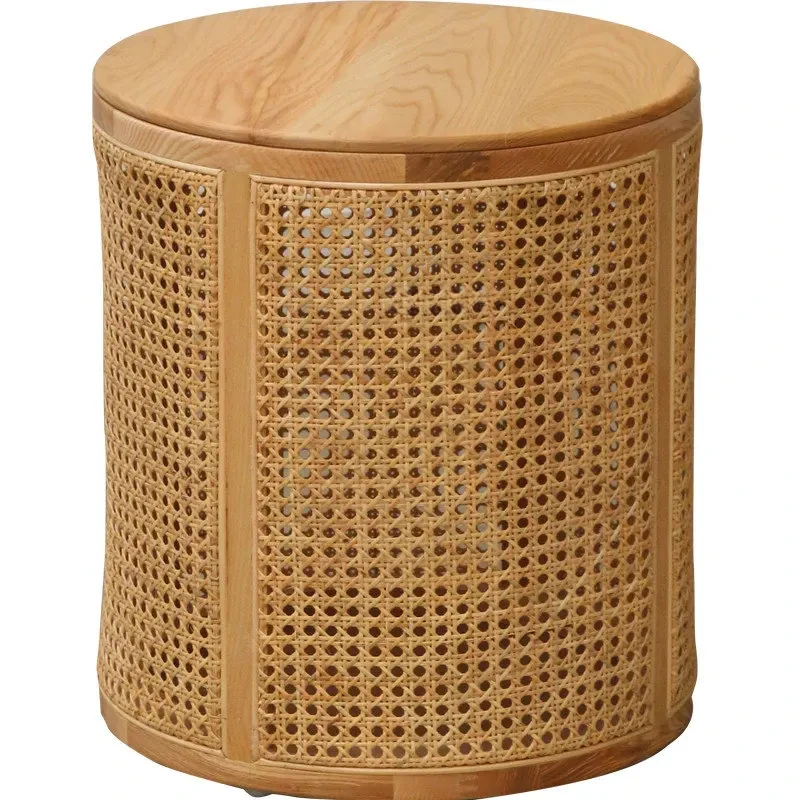 Rattan Side Table Round Solid Wood Living Room Sofa Small Coffee Tables Modern Balcony Leisure Simple Storage Tables GM