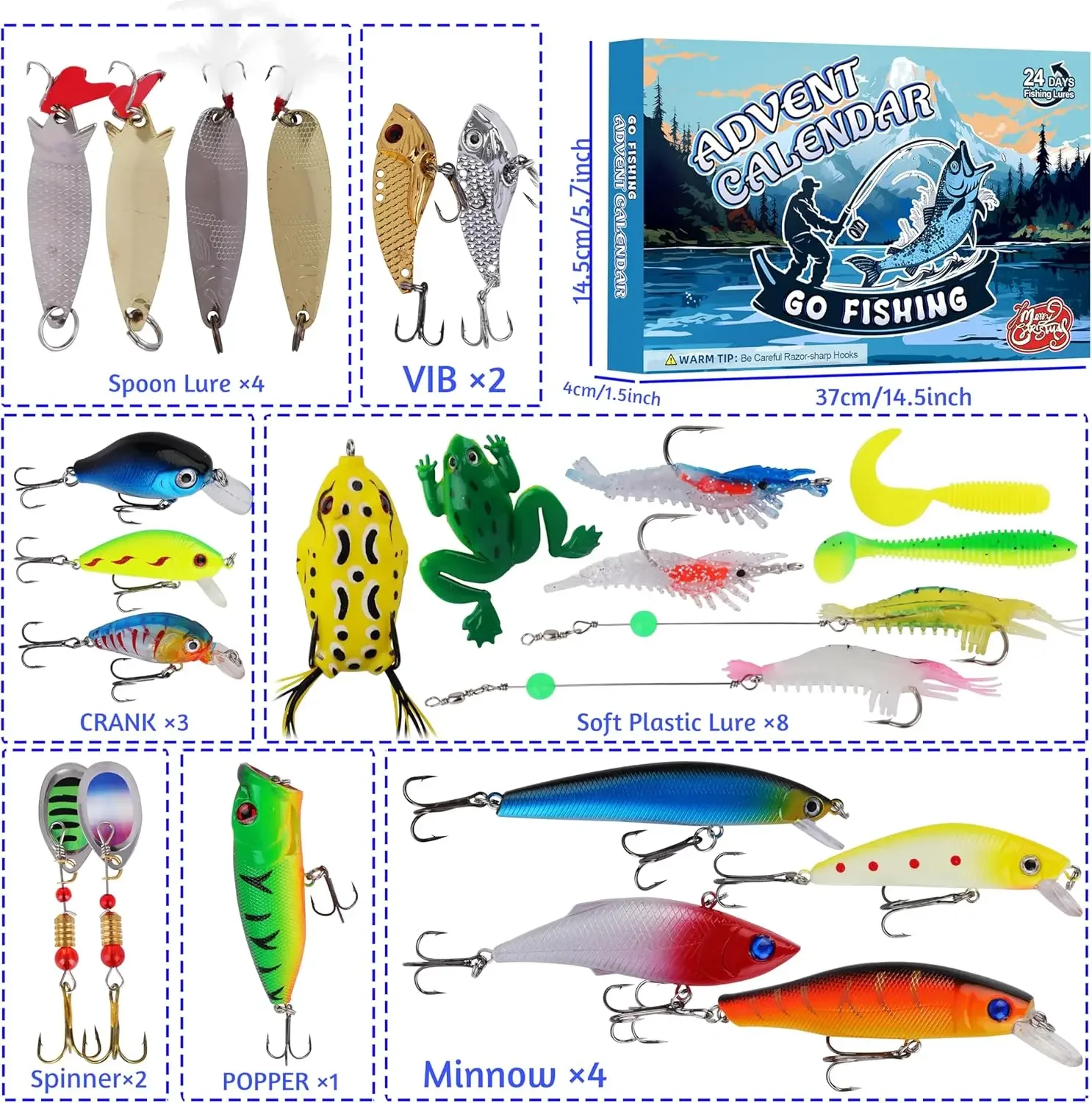 Fishing Advent Calendar 2024 Fishing Lure 24 Days Christmas Countdown Xmas Surprise Fish Bait Gift for Fisher Adult Men Teen Boy