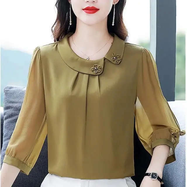 

Summer Fashion Mom's Top Solid Color 3/4 Sleeve Chiffon Shirt Loose Doll Collar Bottoming Blouse M-5XL