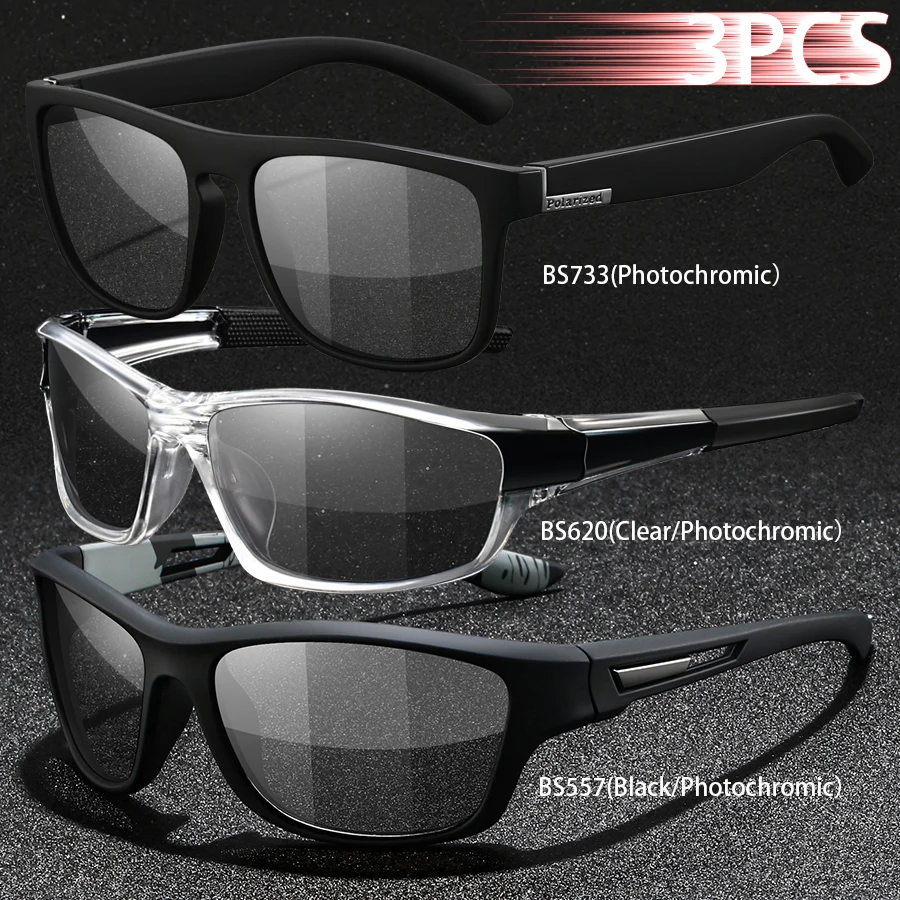 3PCS Photochromic Polarized Sports Vintage Sunglasses Men Women Cycling Driving Mountaineering Chameleon Sun Glasses UV400Eyewer