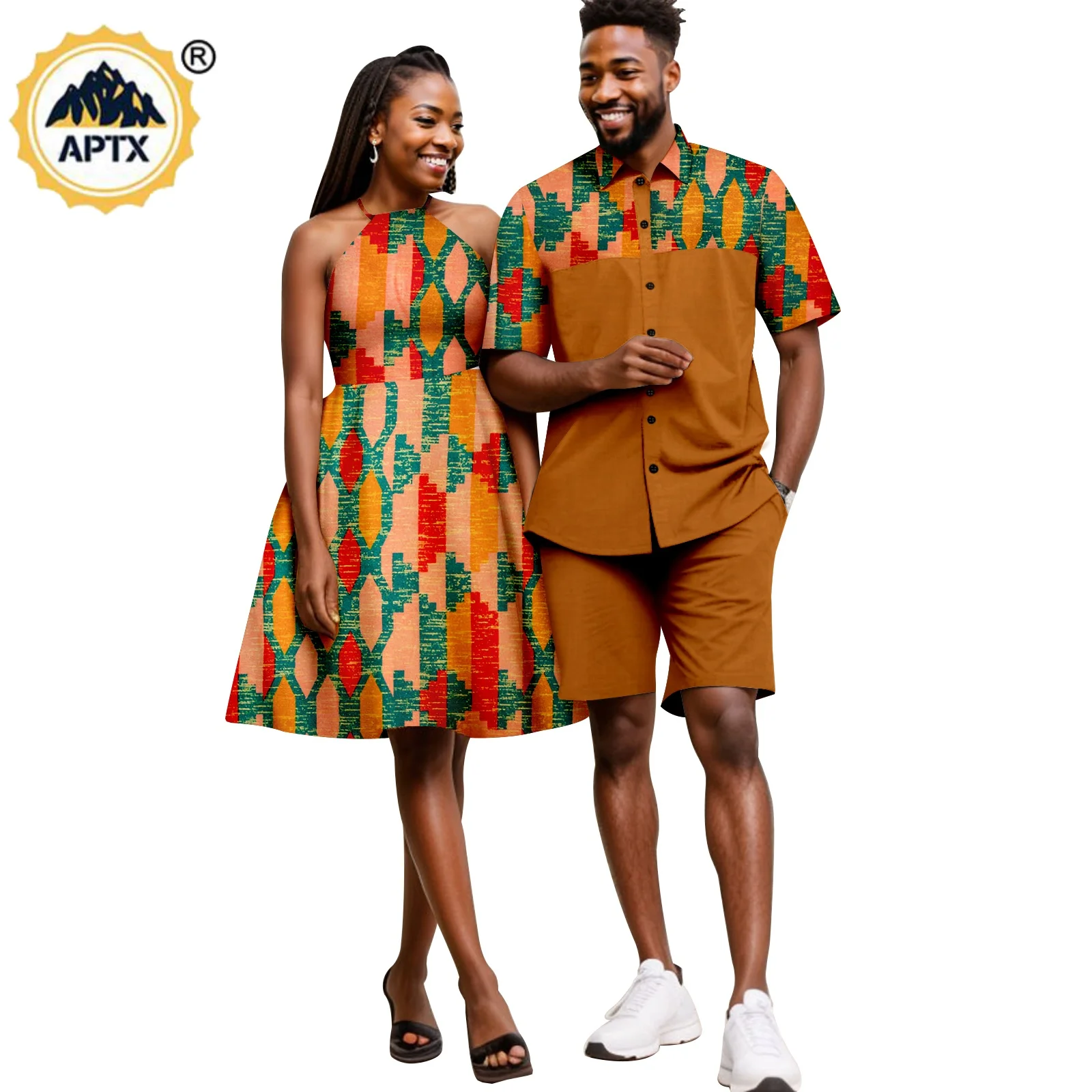 Summer African Sexy Halter Dresses for Women Matching Men Outfits Top Shirt and Short Pant Sets Bazin Couple Clothes 24C028