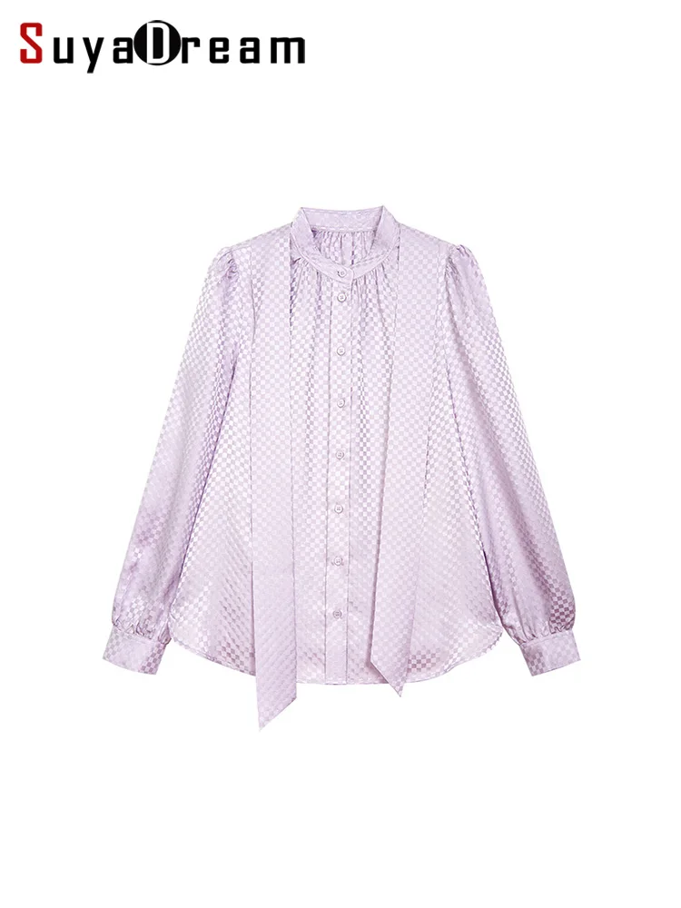 

SuyaDream, Women Bow Collar Shirts, 100%Real Silk, Elegant Lavender Blouses, 2024 Spring Summer Office Lady Top