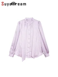 SuyaDream, Women Bow Collar Shirts, 100%Real Silk, Elegant Lavender Blouses, 2024 Spring Summer Office Lady Top