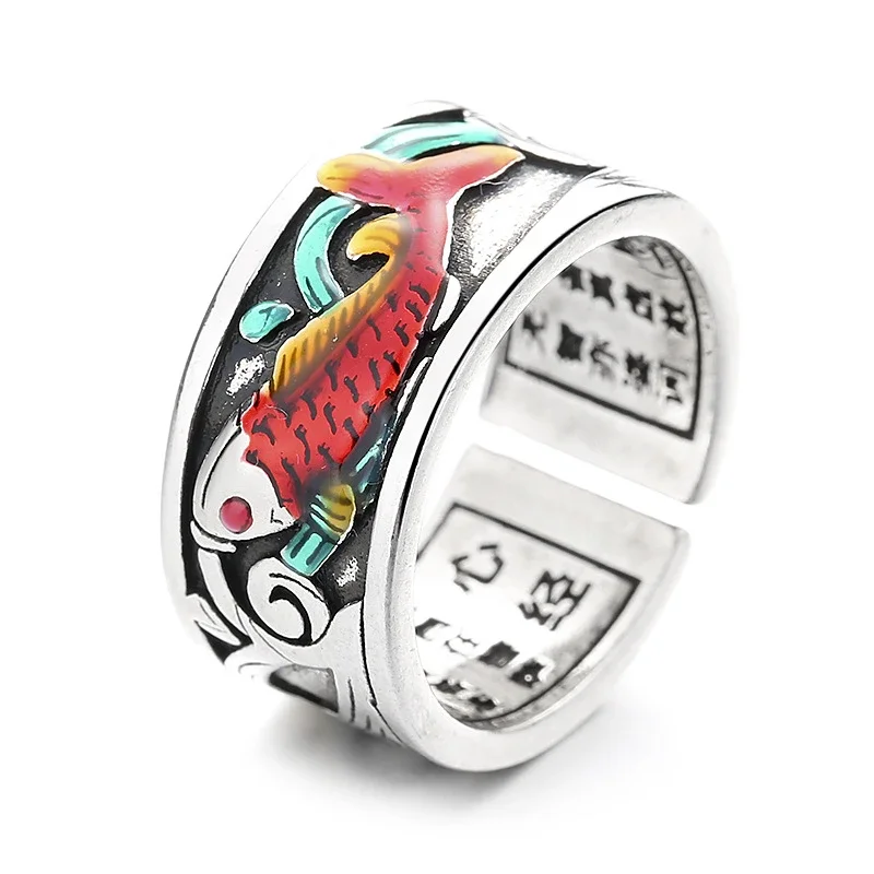 Buddhastone New Retro Ethnic Style Enamel Carp Ring Female Personality Opening  Fashion All-match Jewelry