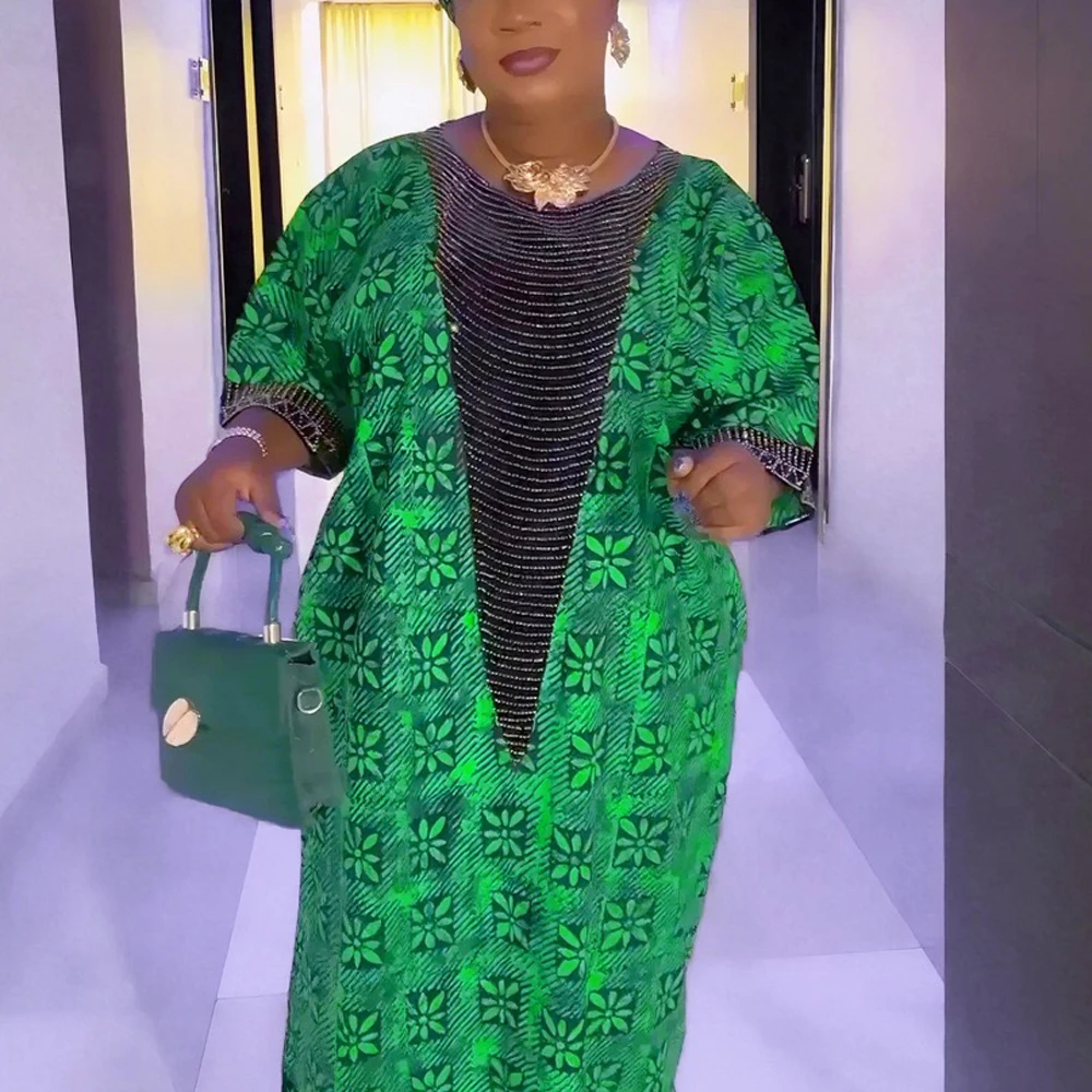 

African Muslim Dresses for Woman Green Printed O Neck Short Sleeve Diamond Straight Floor Length Ladies Birthday Party Dress New