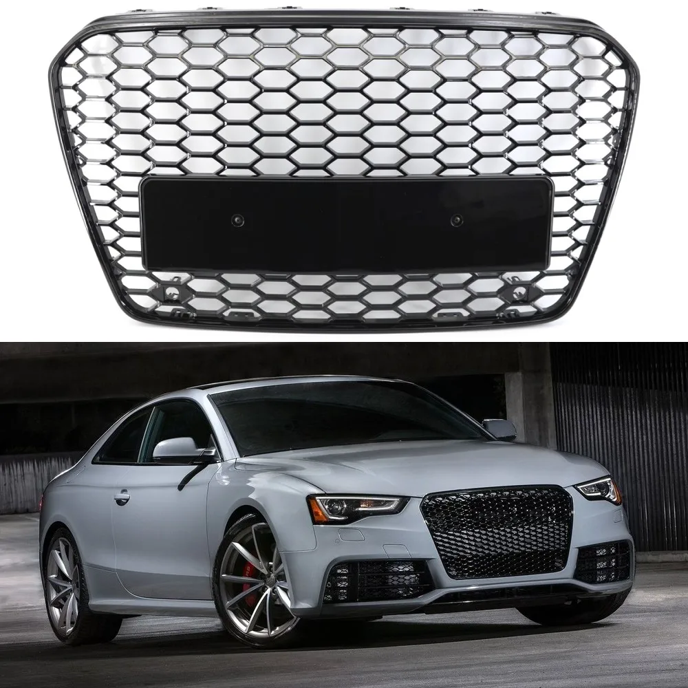 RS5 Style Car Front Bumper Grille Sport Hex Mesh Honeycomb Hood Racing Grill Gloss Black For Audi A5 S5 2013 2014 2015 2016 2017