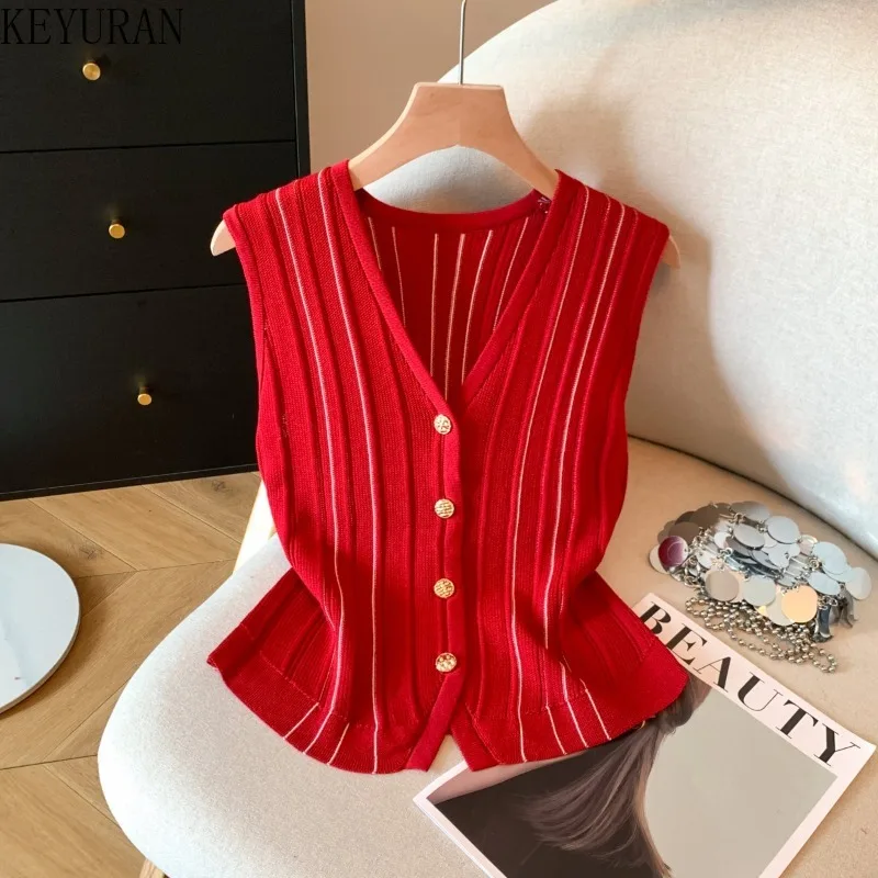 

2025 Summer New Retro V-neck Slim Ice Silk Knit Vest Women V-neck Simple Versatile Sleeveless Sweater Cardigan Ladies Crop Tops