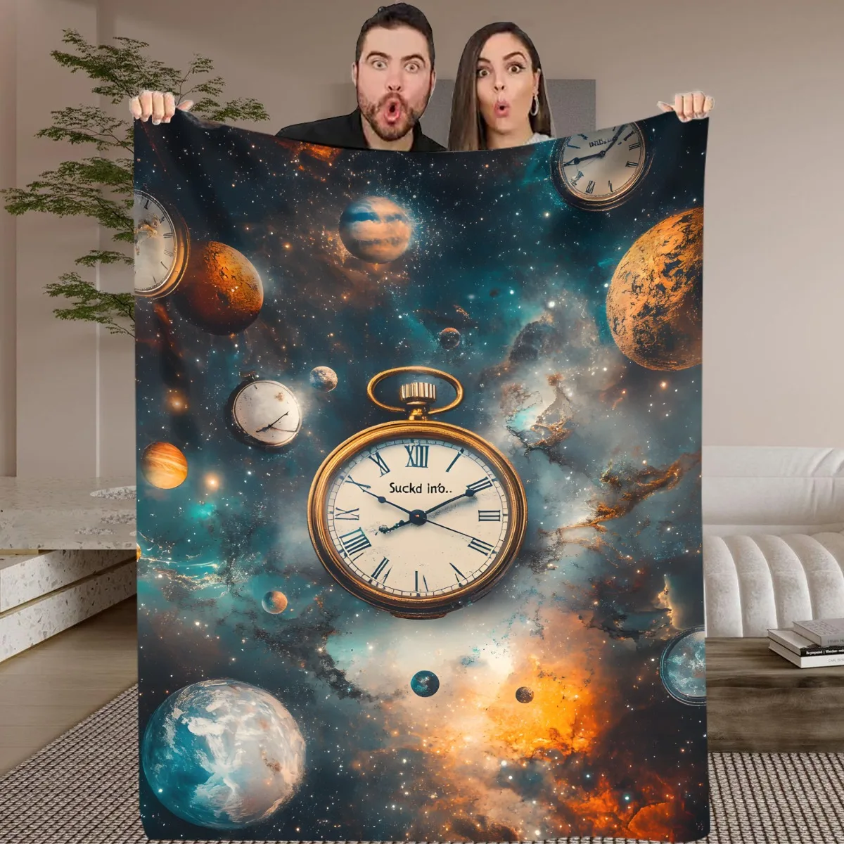 1pc Space-Themed Blanket with Vintage Pocket Watch & Planets Design - Soft, Warm Polyester Throw for Home, Bedroom, Dorm, Office