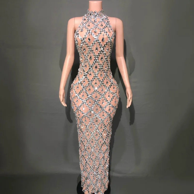 

Rhinestones Mesh Luxury Sexy Evening Dresses Sleeveless Elegant Birthday Prom Dress High Quality Halter Fashion Maxi Dress Women