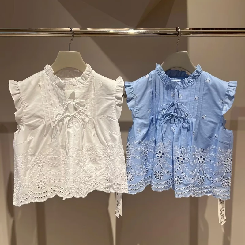 

2025 Spring Summer New Fashion Sweet Casual Blouse Embroidery Hollow Out Bow Fungus Shirts Japan Style Elegant Blusas Mujer
