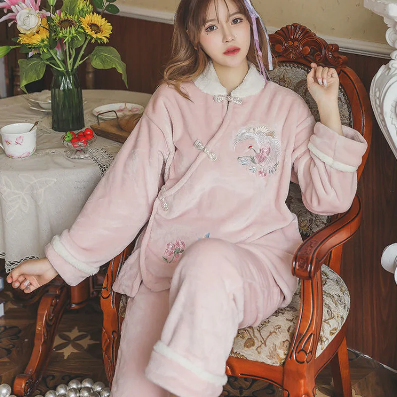 Chinese Style Coral Fleece Pajamas Sets Women Winter Embroidery Homewear Sleepwear Fluffy Plush Warm Cute Pijama Long Nightgown