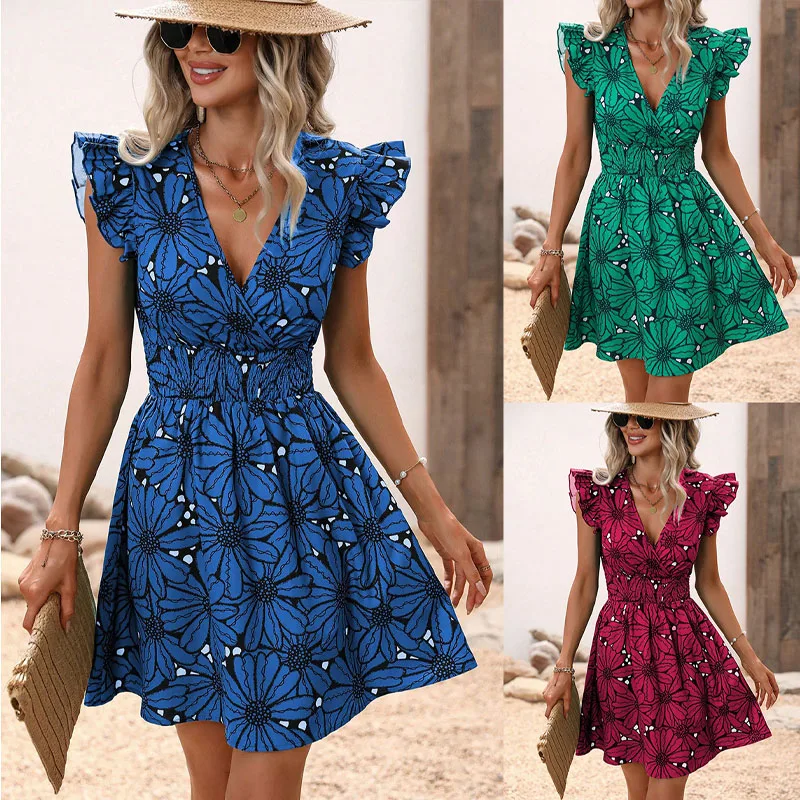 Summer Fashion Sexy Women New Printing V-neck Corset Elegant Flower Ruffles Sleeveless Commuting Casual Elegant Affordable Dress