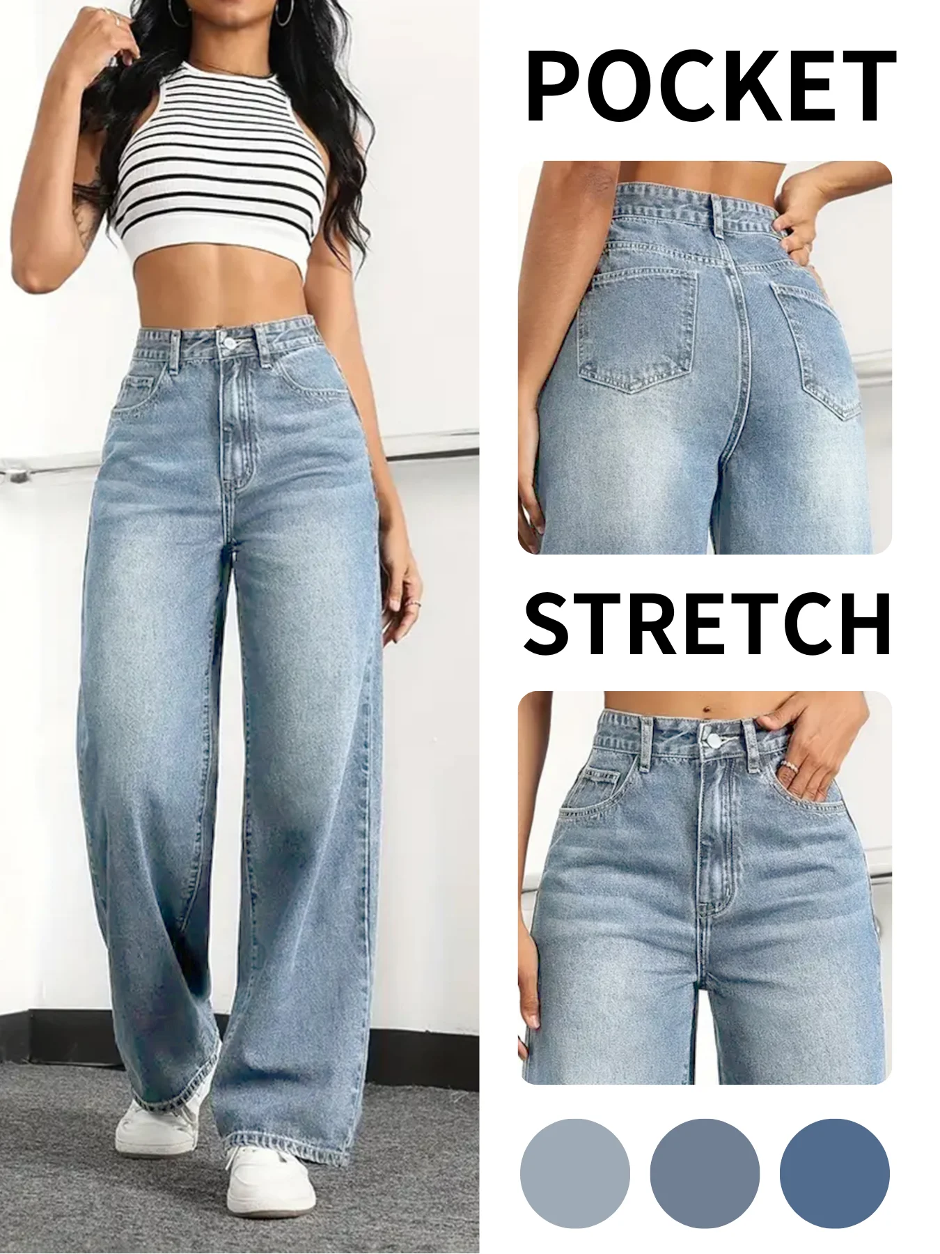 Loose Mid-Thigh Pants Made of Denim, with Light-Colored Watered-Down Treatment, Full-Length Loose Denim Pants, Casual Streetwear