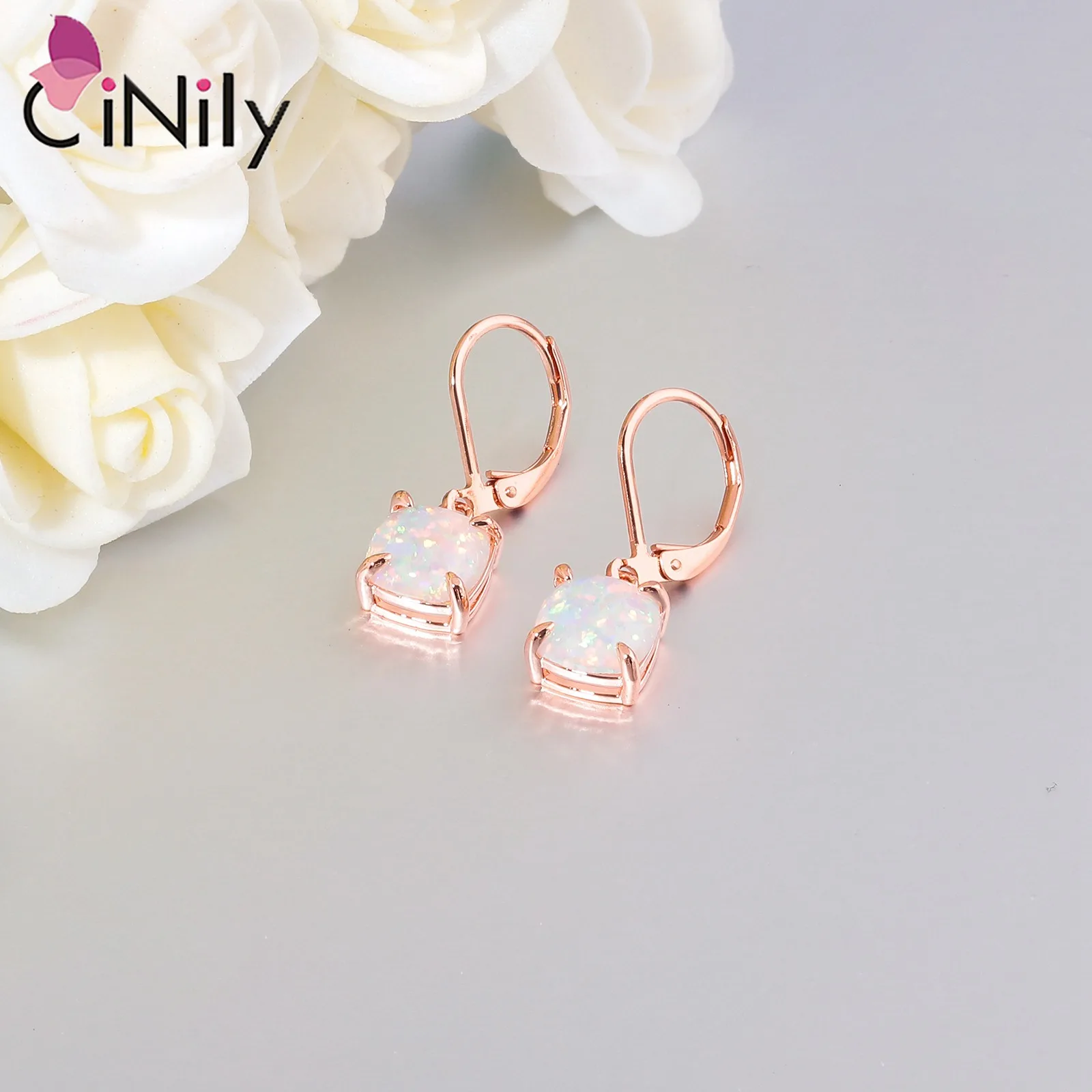 CiNily White Fire Opal Drop Dangle Earrings With Square Stone Rose Gold/Silver Plated Fashion Jewelry for Woman Gifts