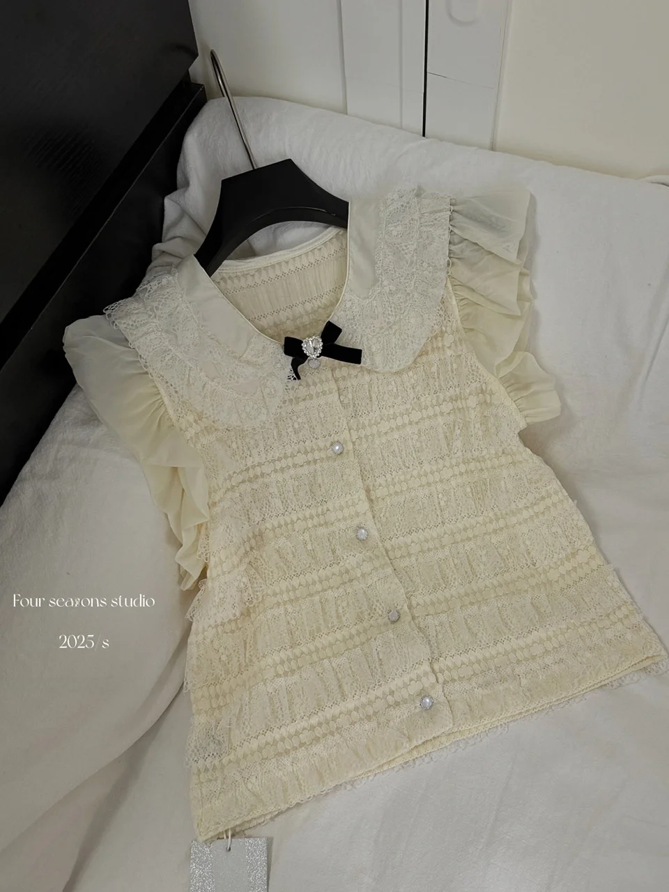 

Korean Sle Knot Lace Collar Flng Sve irt Women's Summer Versatile Anti-Aging Top Small Fraance Sle Con...