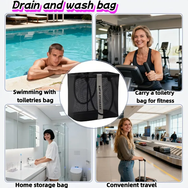 Große Netz-Duschablage mit breiter Öffnung, tragbare, schnell trocknende, abtropfbare Badewannen-Aufbewahrungstasche, Strandtasche, Reise-Toilettenartikel-Organizer – Detail 5