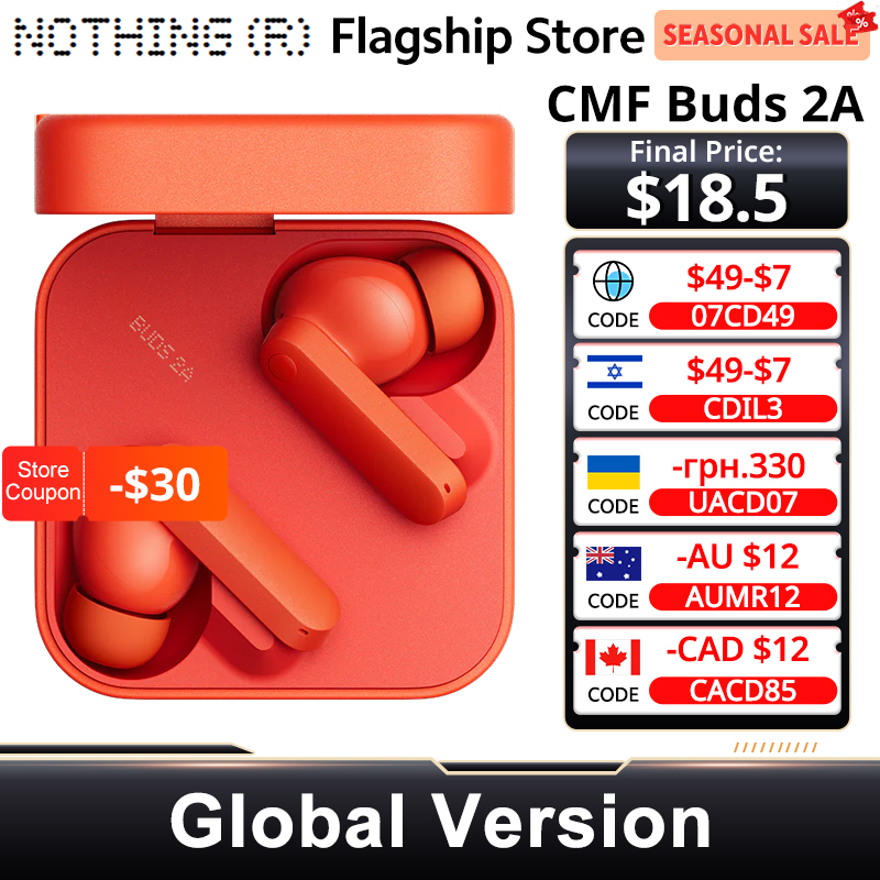  CMF Buds 2a Global Version Bluetooth 5.4 Up to 31H of playback 12.4mm Driver 42dB ANC 4HD Mics IP54 