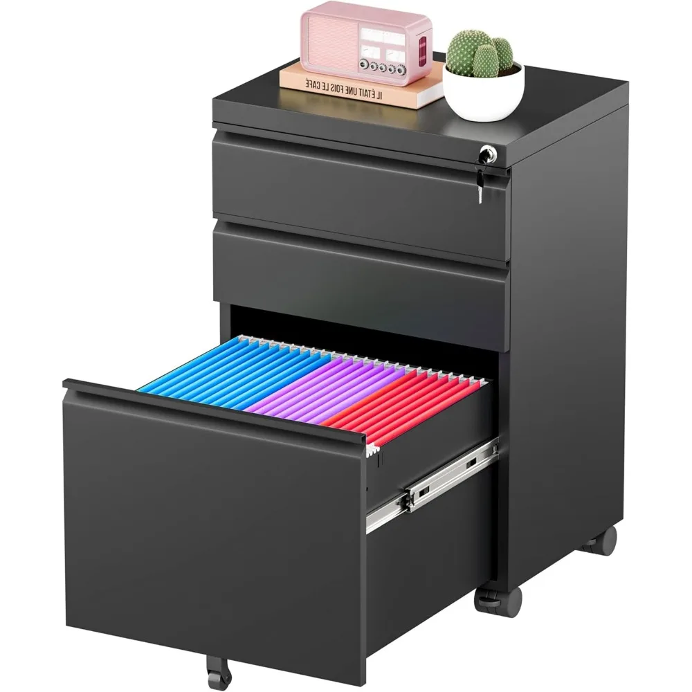 3 Drawer Mobile File Cabinet with Lock, Fully Assembled Rolling File Cabinet Except Casters, Under Desk File Cabinet