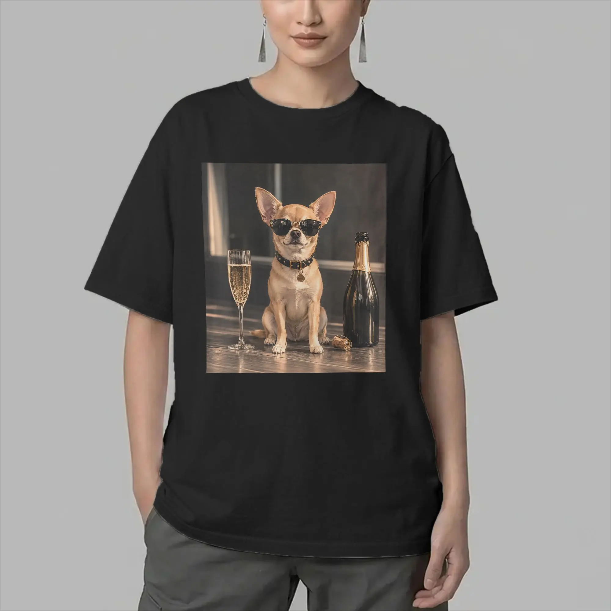 Men Chihuahua Drinking Champagne T Shirt Funny Dog Meme Cotton Clothing Humorous Short Sleeve Crewneck Tees Gift T-Shirt