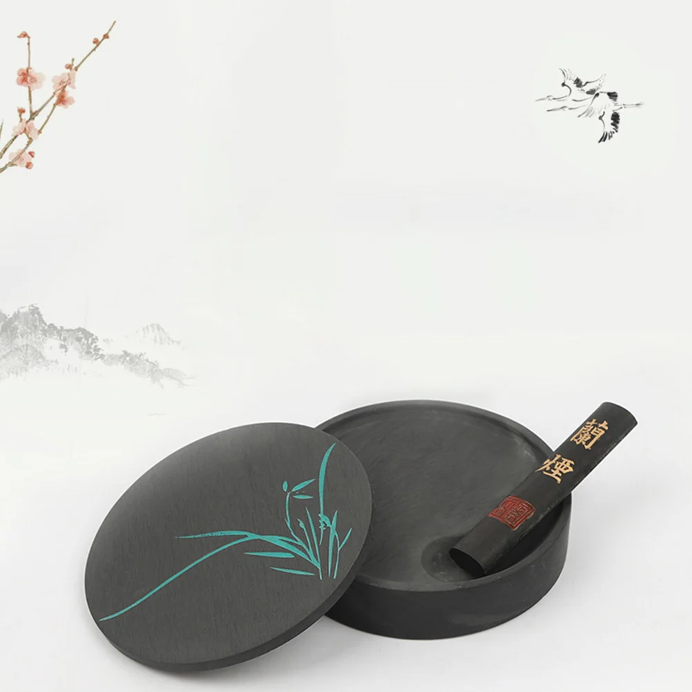 

1Set Chinese Calligraphy Round Inkstone Natural Stone Orchid Pattern Inkstone Ink Slab Stationery for Sumi Painting