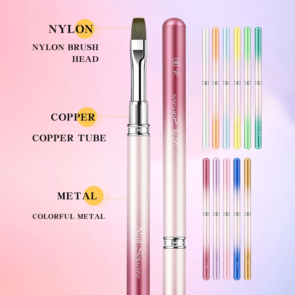 Juego de pinceles para decoración de uñas con mango de metal, cepillo plano redondo con revestimiento multifuncional para diseño de uñas de gel, colección completa