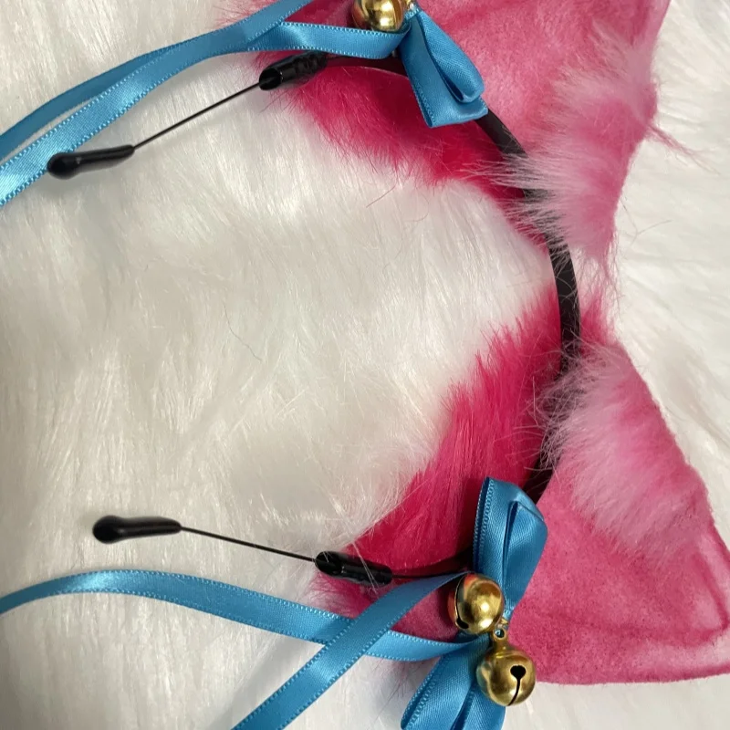 New Handmade Fox Ahri Cosplay Headband Anime Lolita Cute Fox Ears Headdress Pink Cat Bowknot Bell Hairband Accessory