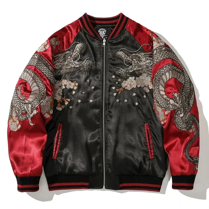 Jaqueta dragão bordada masculina, jaqueta Hip Hop, cor de contraste, rua alta, casaco de beisebol Harajuku Trendy Outerwear, jaqueta casual solta para homens