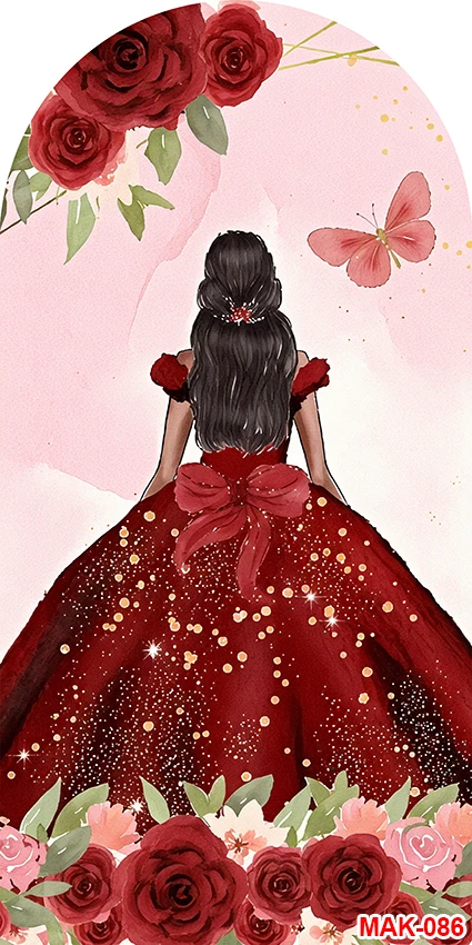 Abito a fiori Quinceanera 2025 Festa di compleanno per ragazza Matrimonio Compleanno Sfondo ad arco Sfondo decorativo con farfalla viola